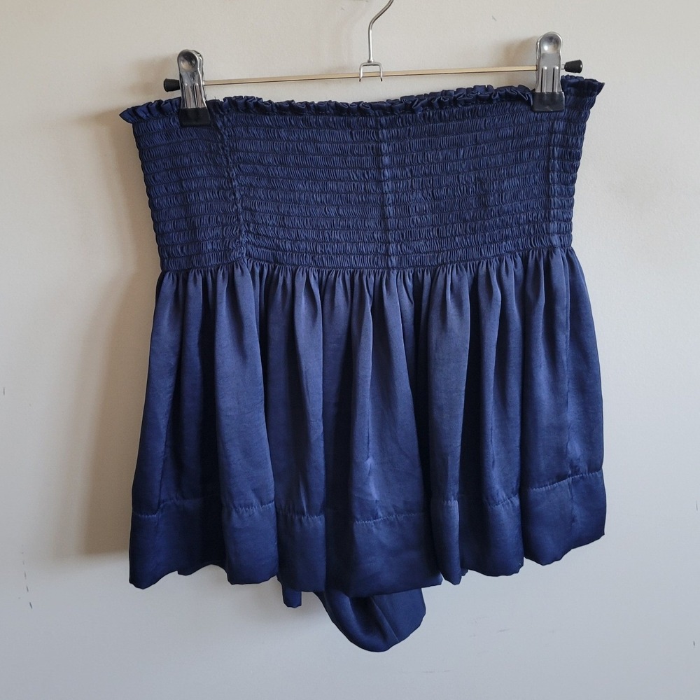 KOCH Erica Skirt Navy Blue Smocked Waist Satin Flared Mini Skirt Small USA Made - Picture 2 of 6